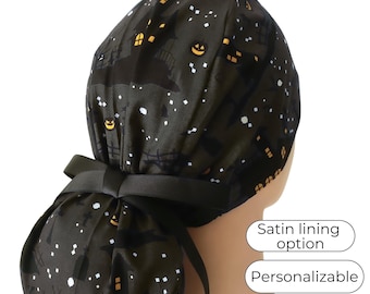 Ponytail Scrub Cap: Cotton Hunting Print with Satin Lining