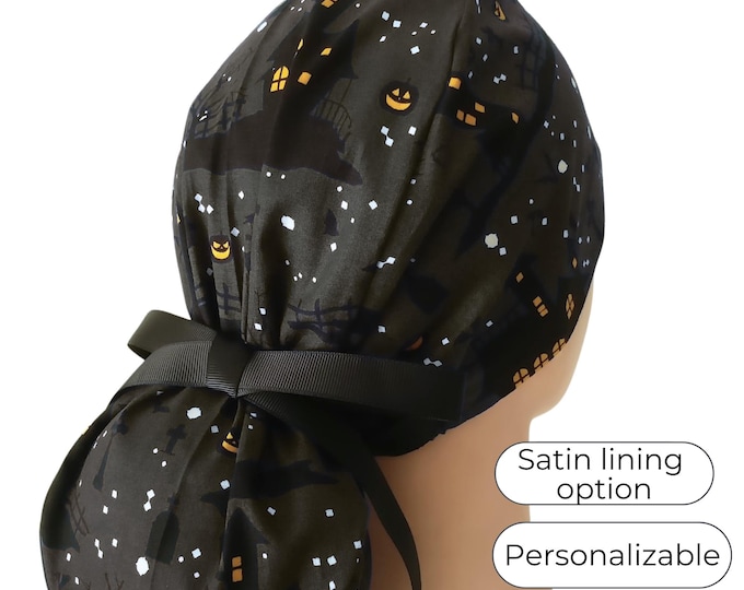 Ponytail Scrub Cap - Ponytail Scrub Caps for Women Hunting House Black - Satin Lining option - FifthCraftyStreet