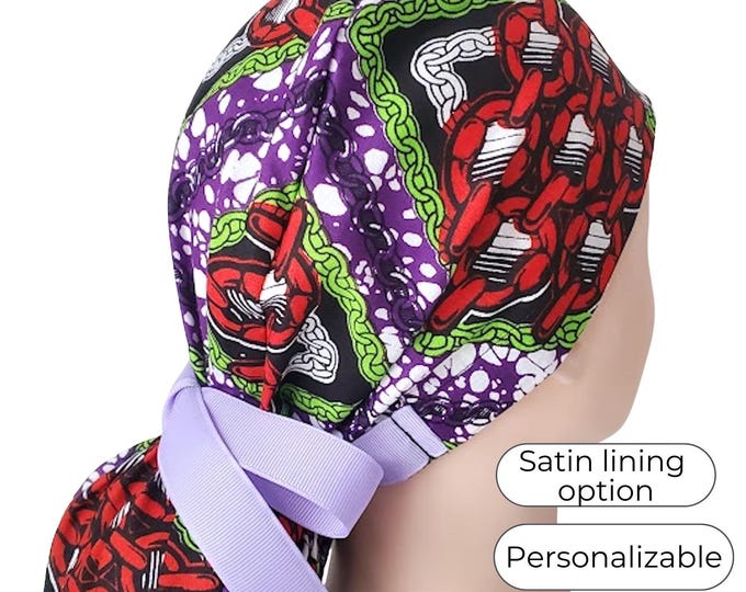 African Print Ponytail Scrub Cap: Satin Lined Cotton Surgical Cap