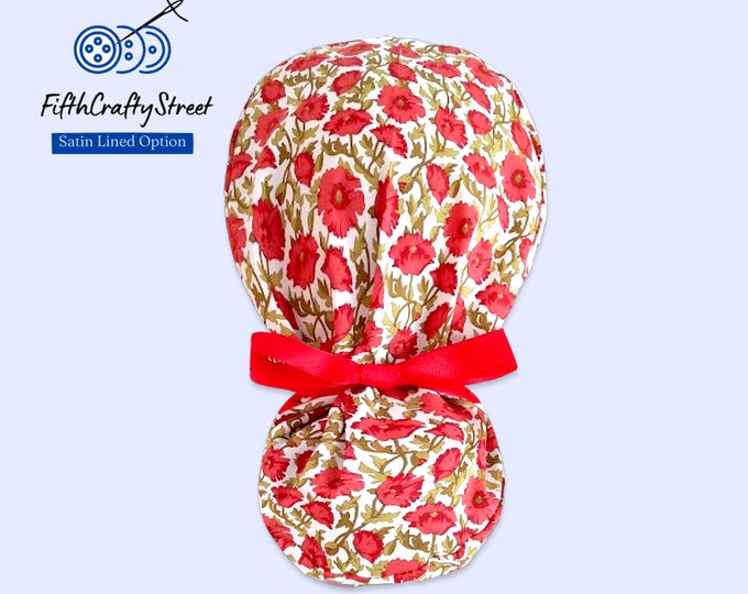 Floral Nurse Hat with Ponytail  - Stylish Comfortable Nursing Cap Satin Lined Option - FifthCraftyStreet