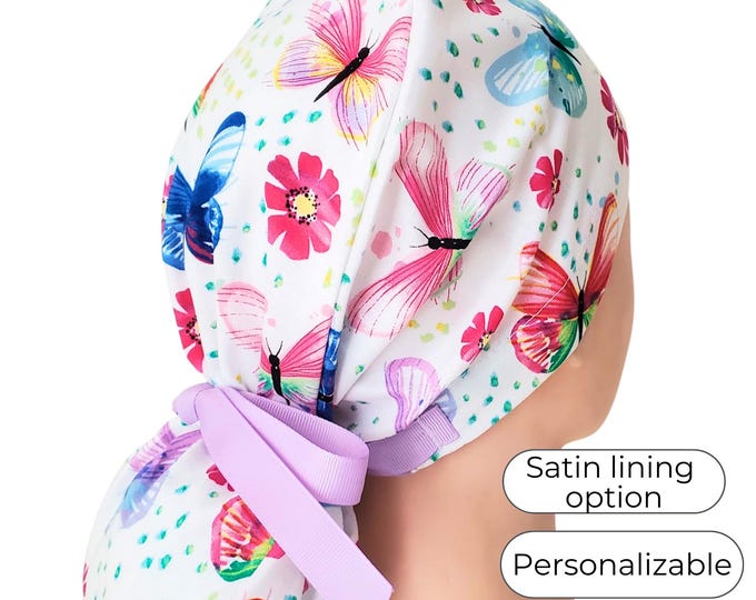 Satin Lined Ponytail Scrub Cap: Butterfly Print, Personalized Medical Hat