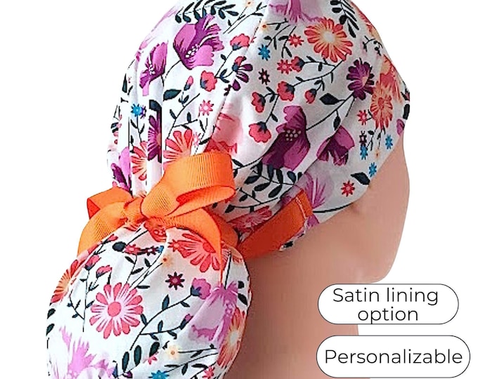 Satin Lined Option Ponytail Scrub Cap for Women - Floral Surgical Cap with ribbon -
