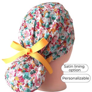 Floral Surgical Cap Silky Satin Lined Option - FifthCraftyStreet