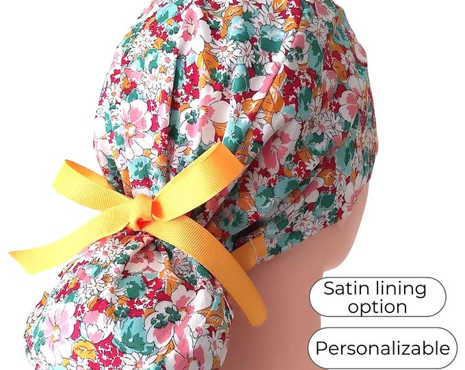 Floral Surgical Cap Silky Satin Lined Option - FifthCraftyStreet