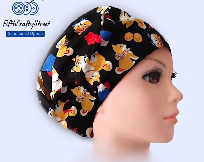 Euro Scrub Caps - Adjustable - Satin Lined option - Multicolor - Shiba dog -