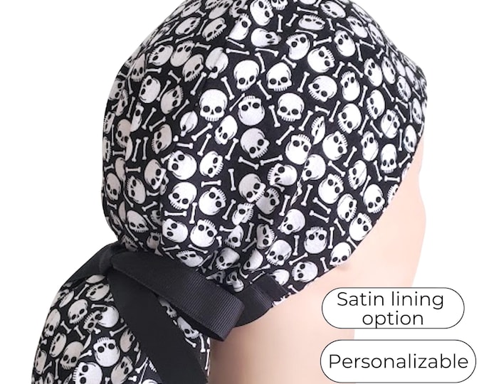 Scrub Cap Ponytail - Skull and Bones - Surgical Cap with Satin Lining option - FifthCraftyStreet