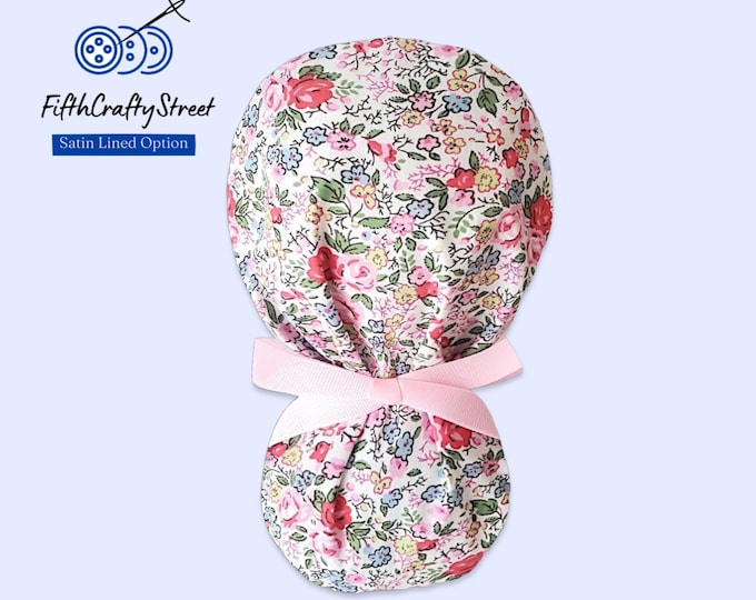 Flower Ponytail Scrub Cap for Women - Floral Surgical Satin Lined Scrub Cap option - FifthCraftyStreet