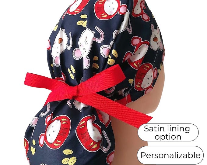 Mise print navy - Ponytail Scrub Cap - Satin Lined Option - FifthCraftyStreet
