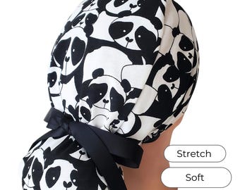 Stretch Ponytail Scrub Cap: panda print adjustable nurse hat