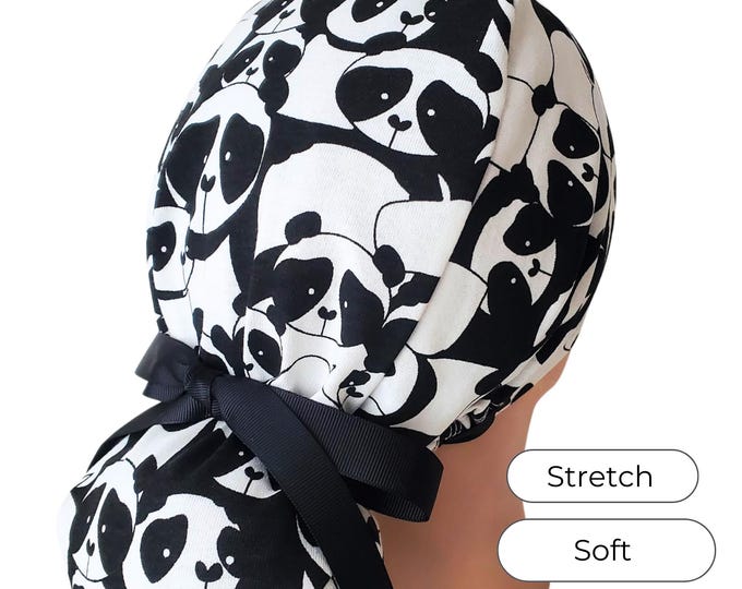 Stretch Ponytail Scrub Cap: panda print adjustable nurse hat