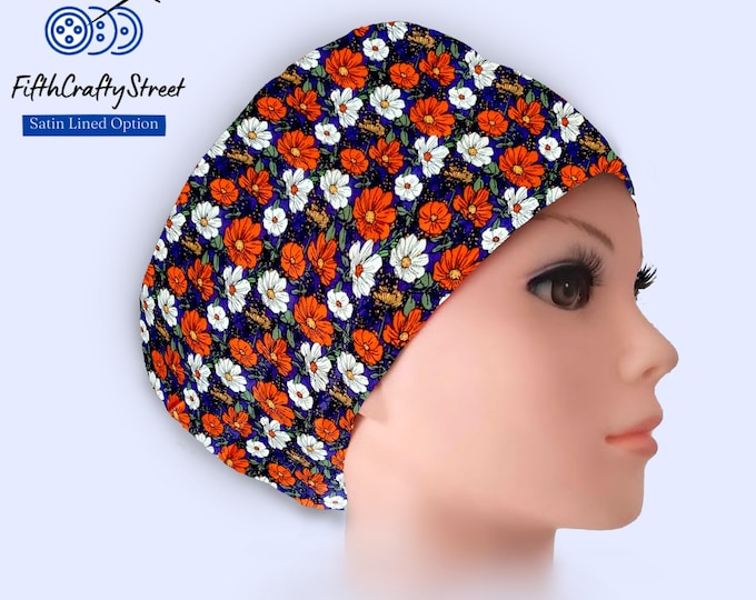 Floral Print - Euro Scrub Cap - Adjustable - Satin Buttons Lined option