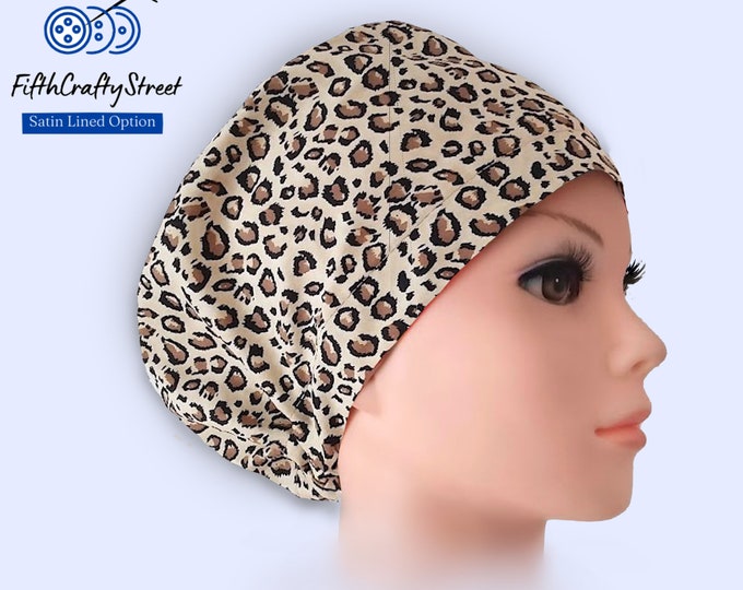Euro Scrub Cap - Adjustable by toggle - Satin Lining option - Animal print Cheetah - FifthCraftyStreet