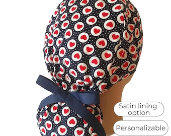 Hearts Ponytail Scrub Cap for Women - Surgical Hat Satin Lined Option