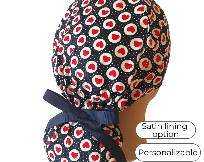Hearts Ponytail Scrub Cap for Women - Surgical Hat Satin Lined Option