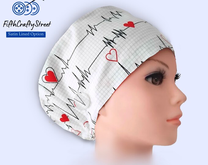 Euro Scrub Caps - Adjustable - Satin Lining option - Heartbeat - FifthCraftyStreet