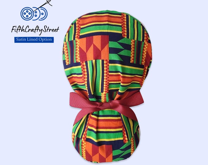 Ponytail scrub cap - Surgical Caps - geometric pattern - Satin Lined Option - FifthCraftyStreet