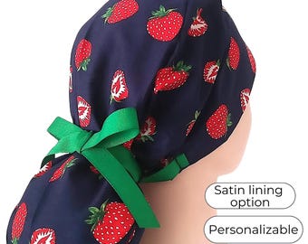 Navy Strawberry Ponytail Scrub Cap with Green Ribbon – Satin Lined Surgical Hat