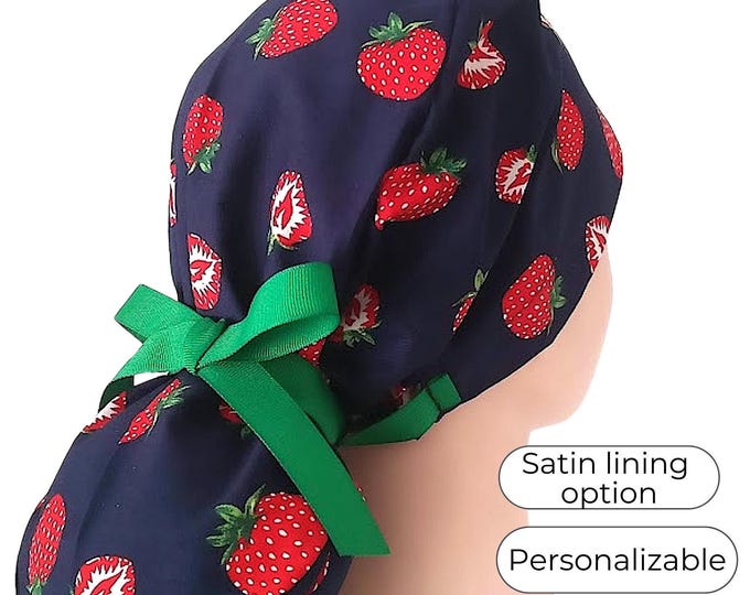 Navy Strawberry Ponytail Scrub Cap with Green Ribbon – Satin Lined Surgical Hat