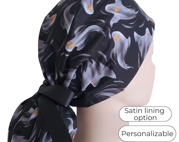 Scrub Cap Ponytail - Ghost - Surgical Cap with Satin Lining option - FifthCraftyStreet