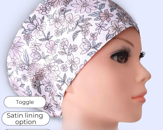 Light Pink Floral Euro Scrub Cap Satin Lined option Surgical Hat for Nurses