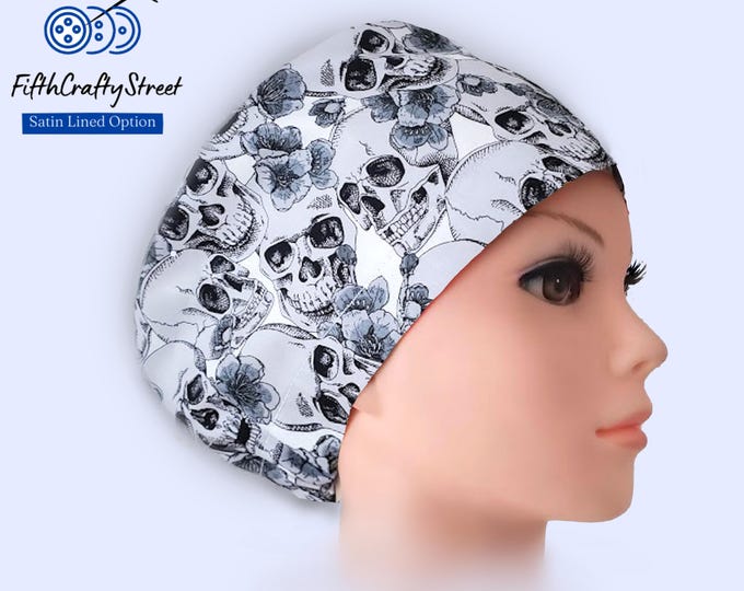 Euro Scrub Caps - Adjustable - Satin Lining option - Skull light gray - FifthCraftyStreet