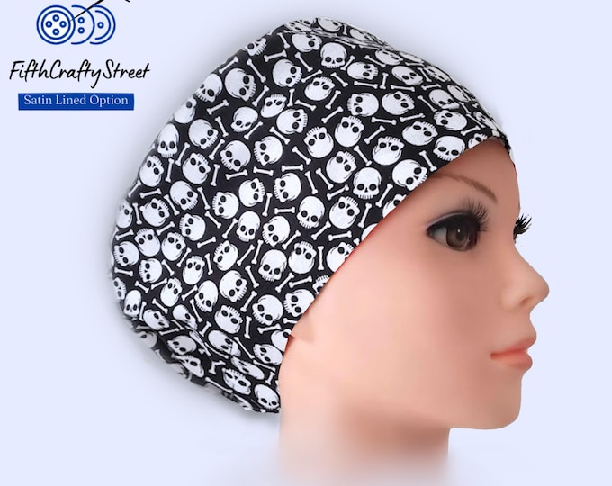 Euro Scrub Caps - Adjustable - Satin Lining option - Skull and Bones - FifthCraftyStreet