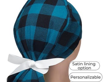 Christmas Teal Buffalo Plaid Ponytail Scrub Cap – Satin Lined Flannel