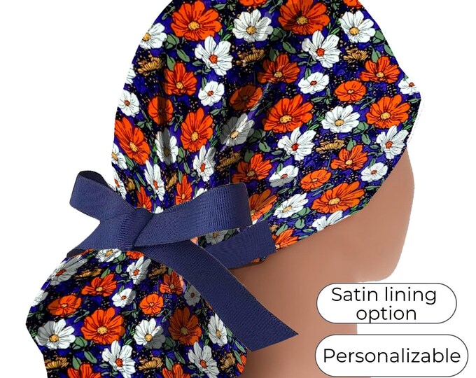 Ponytail Scrub Cap: Daisy Surgical Hat with Satin Lining, Personalization option