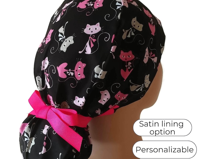 Cat Pink Ponytail Scrub Cap for Women - Surgical Cap Satin Lined Option - FifthCraftyStreet