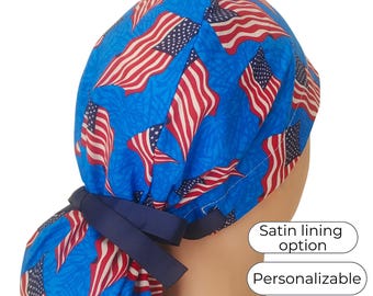 American Flag Scrub Cap: Patriotic 4th July Ponytail Hat with Satin Lining Option