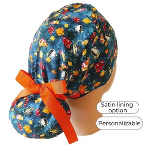 Satin Lined Scrub Cap Ponytail style - Deep Ocean Surgical Cap for Women Colorful Fish - FifthCraftyStreet
