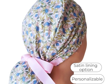 Floral Bunny in Blue Jacket Ponytail Scrub Cap: Satin Lined Cotton Surgical Hat