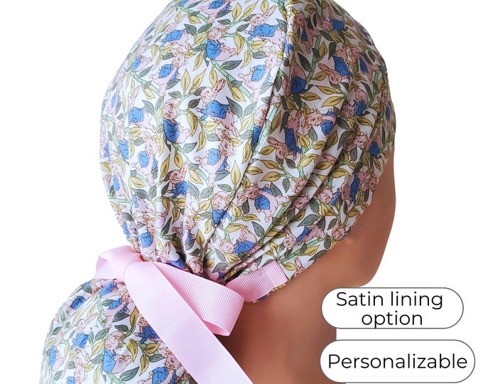 Floral Bunny in Blue Jacket Ponytail Scrub Cap: Satin Lined Cotton Surgical Hat