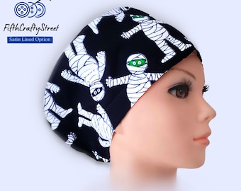 Euro Scrub Caps - Adjustable - Satin Lining option - MUMMIES on BLACK -