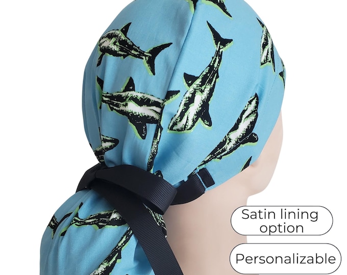 Shark Print - Ponytail Scrub Cap for Women - Operation Room Hat Satin Lined Option