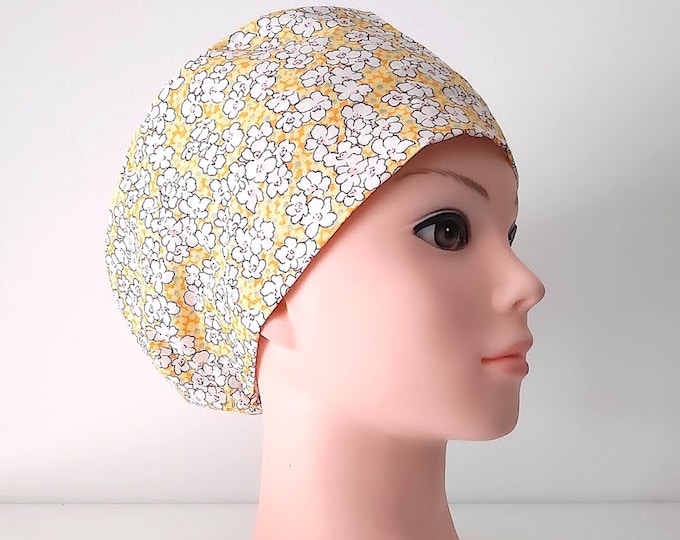 Yellow Floral Euro Scrub Cap - Adjustable - Satin Lined option - FifthCraftyStreet