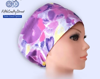 Floral Purple Euro Scrub Cap: Satin Lined, Adjustable Cotton