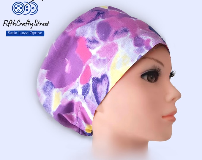 Euro Scrub Cap for Women  - Adjustable - Satin Lined Scrub Cap - Floral purple - very light cotton - FifthCraftyStreet