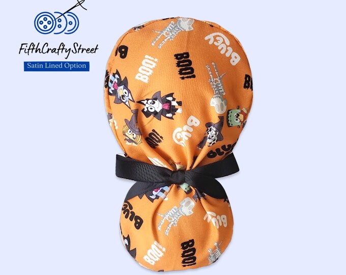 Halloween Ponytail Scrub Cap for Women - Boo Bluey- Surgical Cap with Silky Satin Lining