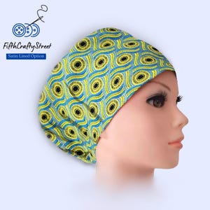 Euro Scrub Cap: African Sunset Snake Circle Pattern, Satin Lined