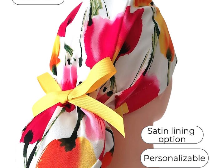 Floral Ponytail Scrub Cap: Red Yellow Tulips, Satin Lined