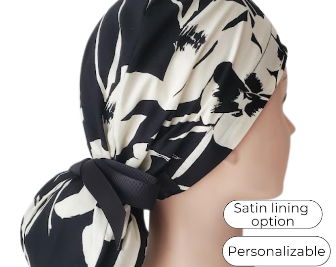 Ponytail Scrub Cap - Surgical Cap - Black White - Lightweight Cotton - Silky Satin Lined Option - FifthCraftyStreet