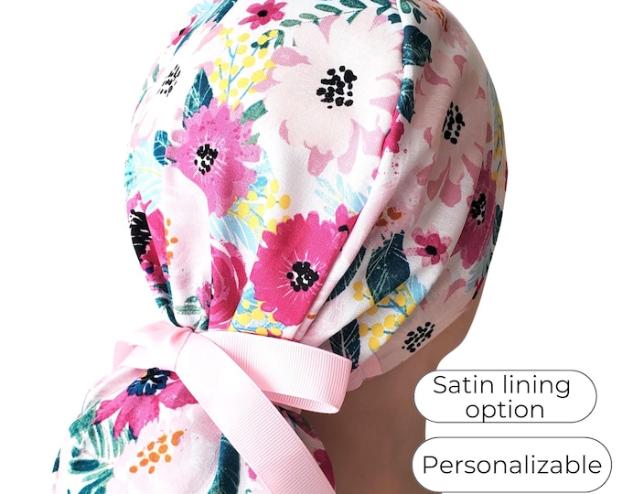 Ponytail Scrub Cap Satin Lined Personalized Surgical Scrub Hat : Pink Floral