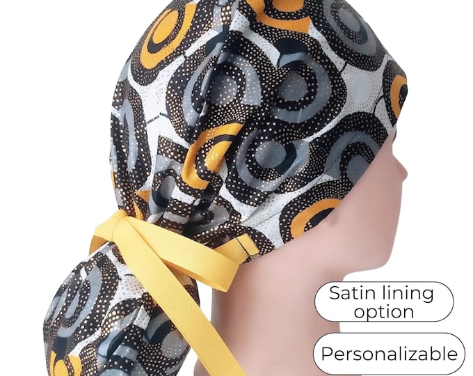 Scrub Cap with Ponytail holder - African print Waxed Cotton with Glitter - FifthCraftyStreet