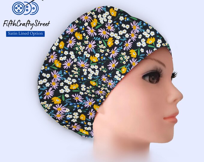 Euro Scrub Cap for Women  - Adjustable - Satin Lined Scrub Cap - floral black - FifthCraftyStreet