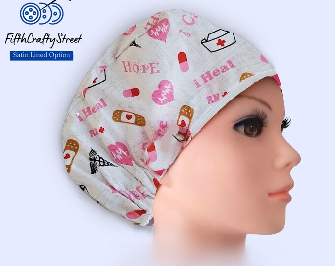Euro Scrub Cap - Adjustable - Satin Lined Scrub Cap option - Hope Care I Heal - FifthCraftyStreet