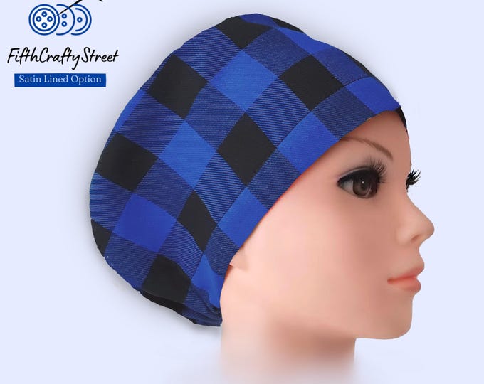 Euro Scrub Caps - Buffalo Plaid Flannel - Adjustable - Satin Lining option - FifthCraftyStreet