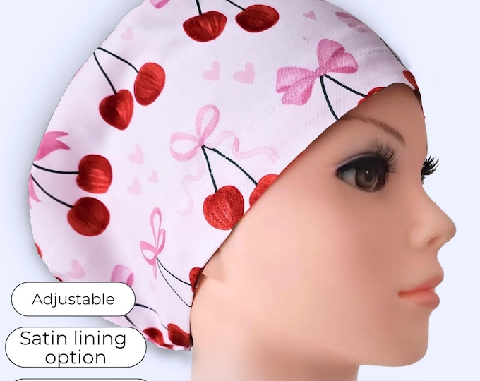Euro Style Scrub Cap, Cherry Heart Pattern: Adjustable, Personalization, Satin Lining, Buttons Option