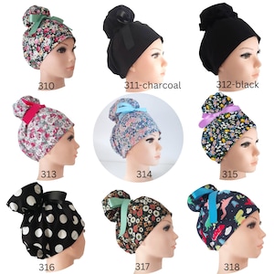 Scrub cap with black ribbon and secure toggle fit