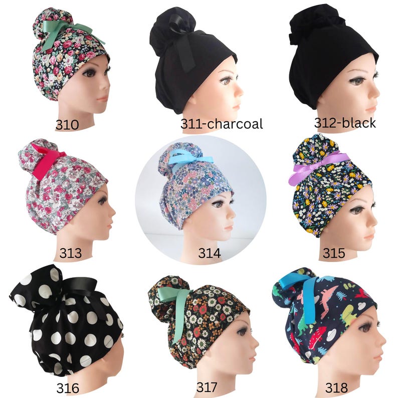 Scrub cap with black ribbon and secure toggle fit